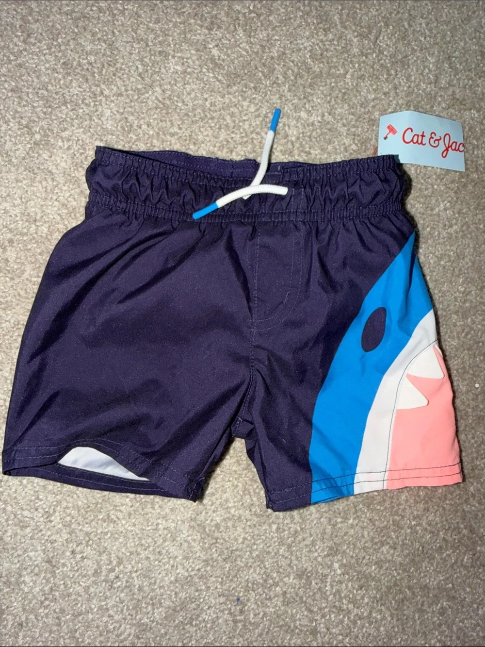 NWT Cat & Jack Navy Lined Swim Shorts with Blue and Pink Shark Boys 2T